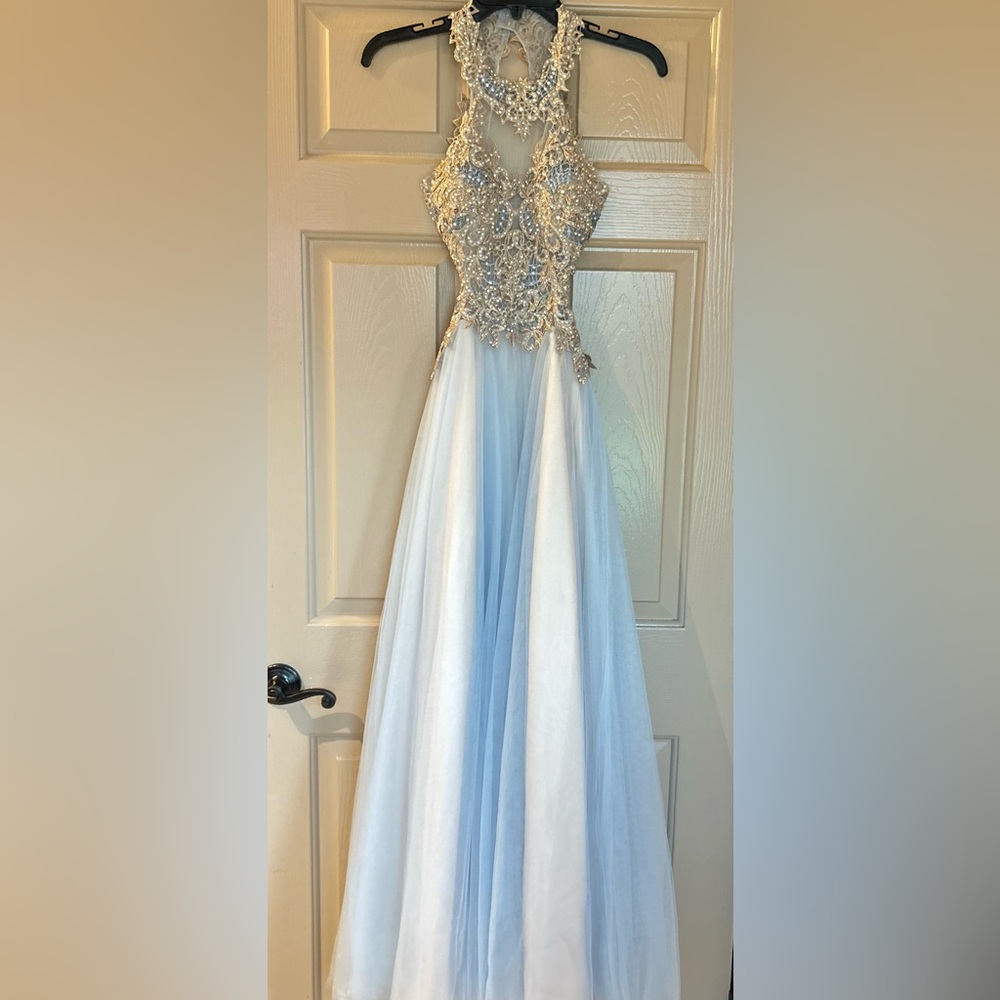 Camille La Vie Light Blue and White Backless Beaded Evening Gown